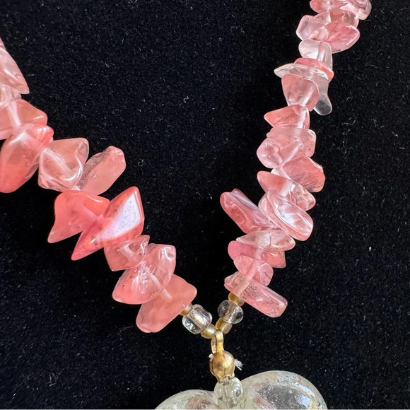 Elegant Rose Pink Quartz Feminine Necklace with Glass Heart Pendant - Picture 14 of 14